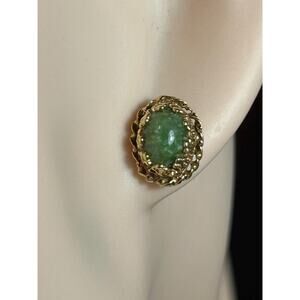 Vintage 14k solid yellow gold green oval gemstone art deco stud post earrings